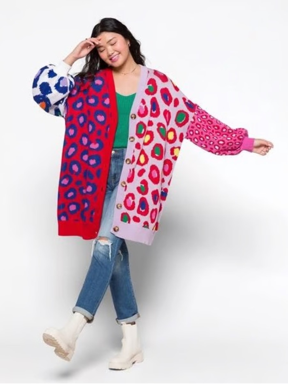 FARM Multicolor Leopard-Print Button Cardigan in Pink, Red & Blue